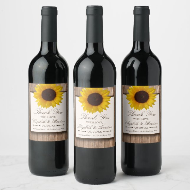 Country Rustic Sunflower & Brown Wood Wedding Wine Label (Bottles)