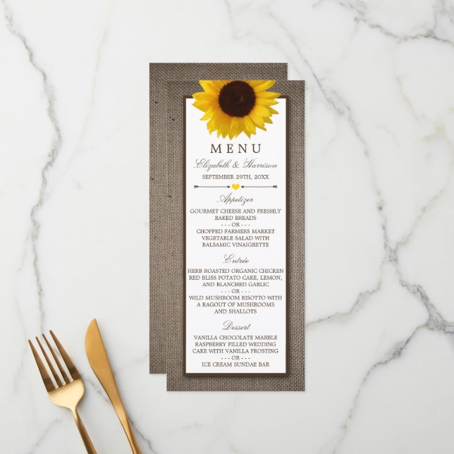 Country Rustic Sunflower & Burlap Menu Mariage (Devant/Arrière en situation)