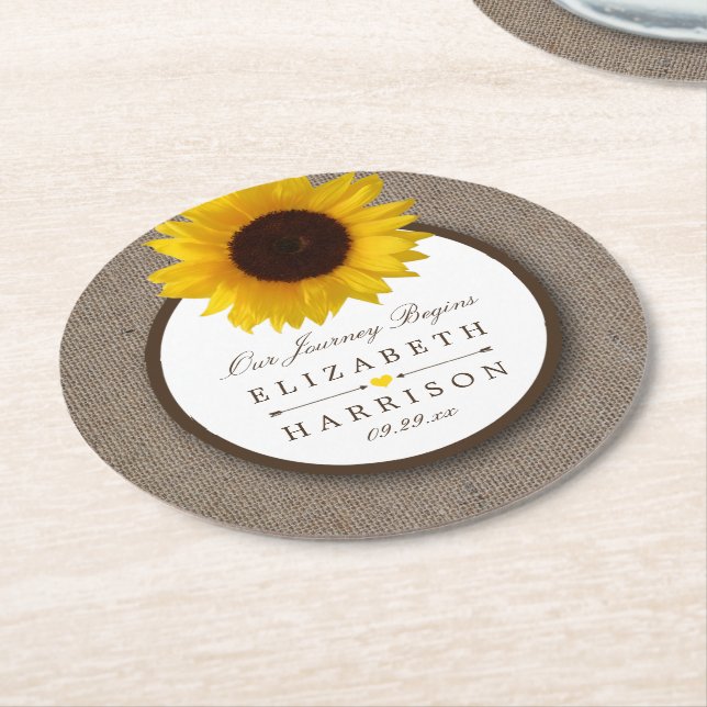 Country Rustic Sunflower & Burlap Wedding Round Paper Coaster (Angled)