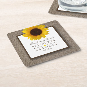 Country Rustic Sunflower & Burlap Wedding Square Paper Coaster