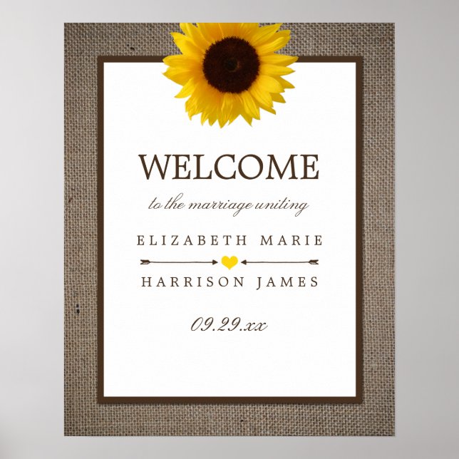 Country Rustic Sunflower & Burlap Wedding Welcome Poster (Front)