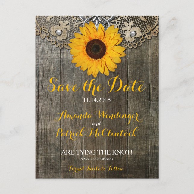 Country Rustic Sunflower Lace Save Date Postcard (Front)