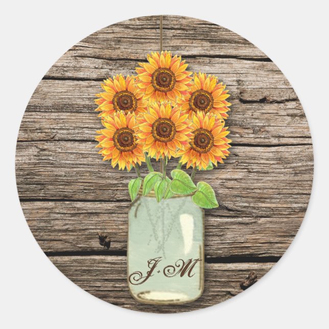 Country Rustic Sunflower Mason Jar Bridal Shower Classic Round Sticker (Front)