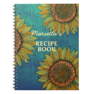 Country Rustic Sunflower Teal Personalized Recipe Notebook