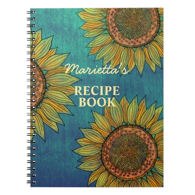 Country Rustic Sunflower Teal Personalized Recipe Notebook (Front)
