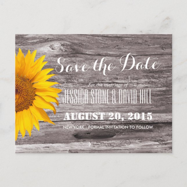 Country Rustic Sunflower Wood Save the Date Announcement Postcard (Front)