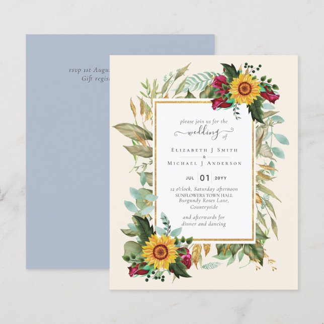 Country Rustic Sunflowers Burgundy Roses Wedding (Front/Back)