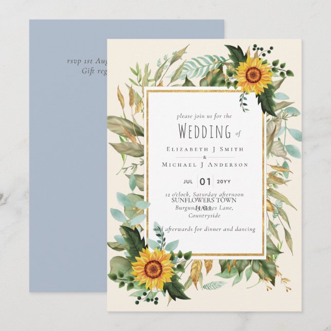 Country Rustic Sunflowers Burgundy Roses Wedding (Front/Back)