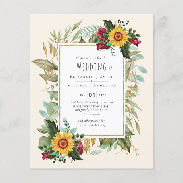 Country Rustic Sunflowers Burgundy Roses Wedding Flyer (Front)