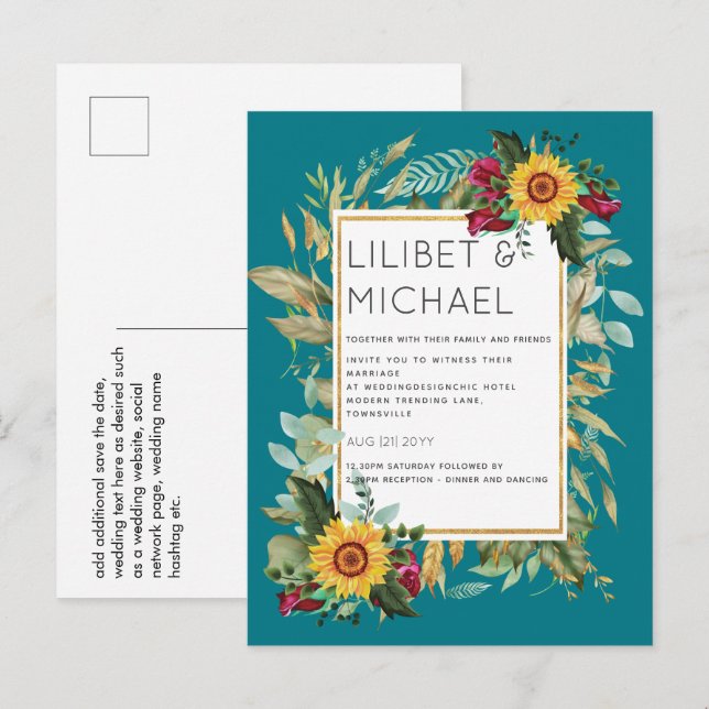 Country Rustic Sunflowers Burgundy Roses Wedding Postcard (Front/Back)