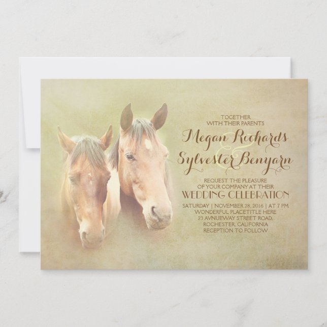 country rustic wedding invite with horse couple (Front)