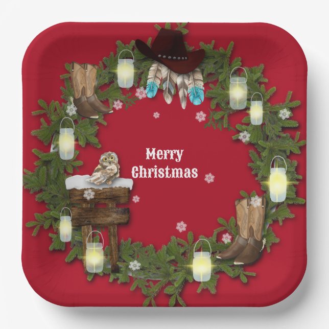 Country Rustic, Western, Jar Lights Cowboy Boots Paper Plate (Front)