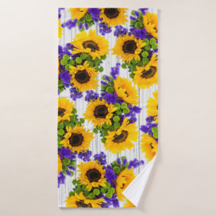 Country Rustic White Wood Purple Yellow Sunflower Bath Towel