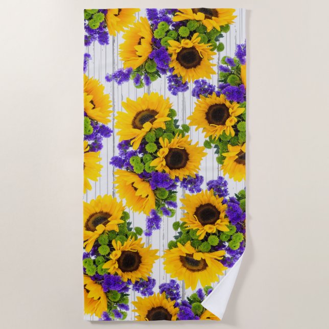 Country Rustic White Wood Purple Yellow Sunflower Beach Towel (Front)