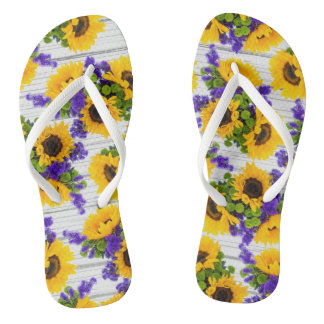 Country Rustic White Wood Purple Yellow Sunflower Flip Flops
