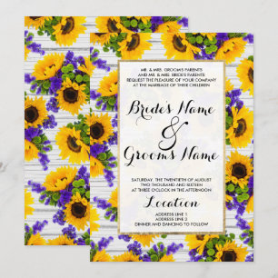 Country Rustic White Wood Purple Yellow Sunflower Invitation