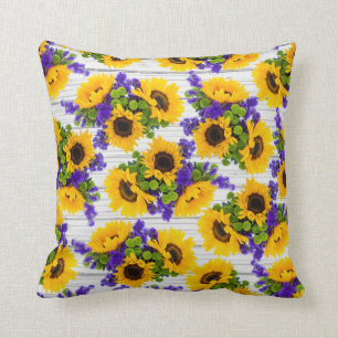 Country rustic white wood purple yellow sunflower throw pillow