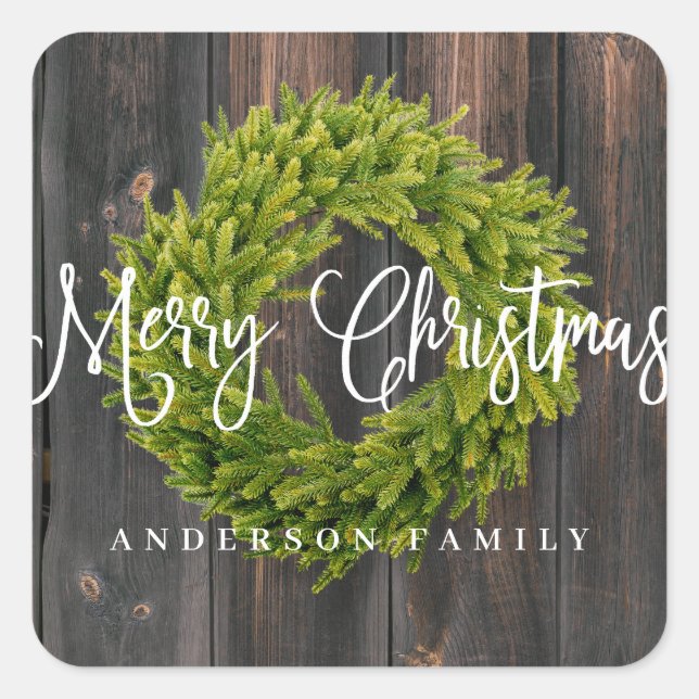 Country Rustic Wood Merry Christmas Greeting Square Sticker (Front)