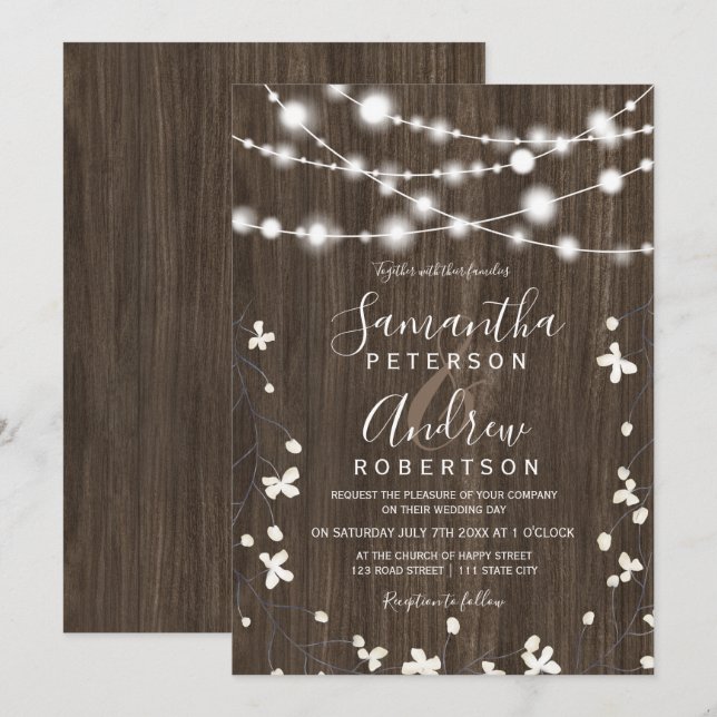 Country rustic wood string lights floral wedding invitation (Front/Back)