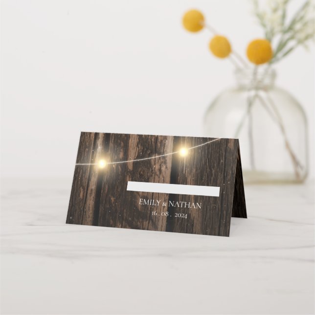Country Rustic Wood String Lights Wedding  Place Card (Front)