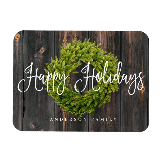 Country Rustic Wood Wreath Happy Holidays Greeting Magnet (Horizontal)