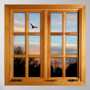 Country Scene with Bird Square Faux Window Poster