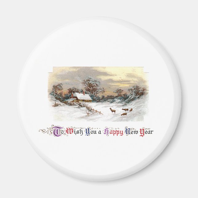 Country Scene with Deer Vintage New Year Magnet (Front)