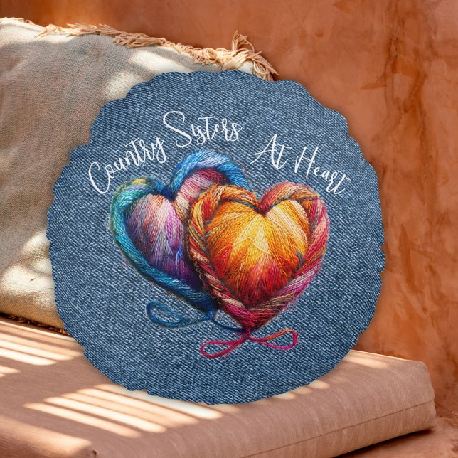 Country Sisters At Heart Script Round Pillow (Creator Uploaded)