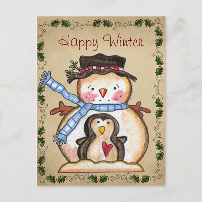 Country Snowman et Penguin Friendship Carte postal (Devant)
