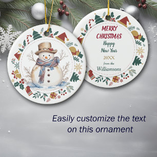 Country Snowman Framed with Christmas Images Ceramic Ornament