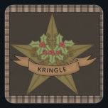 Country  Star & Berries Personalized Christmas Square Sticker<br><div class="desc">Add a festive folksy,  primitive touch this season. A folksy primitive star is decorated with holly and berries and finished with your name or family name. Brown burlap in the centre and a brown homespun border. Perfect for your primitive Christmas tree. Part of a collection.</div>