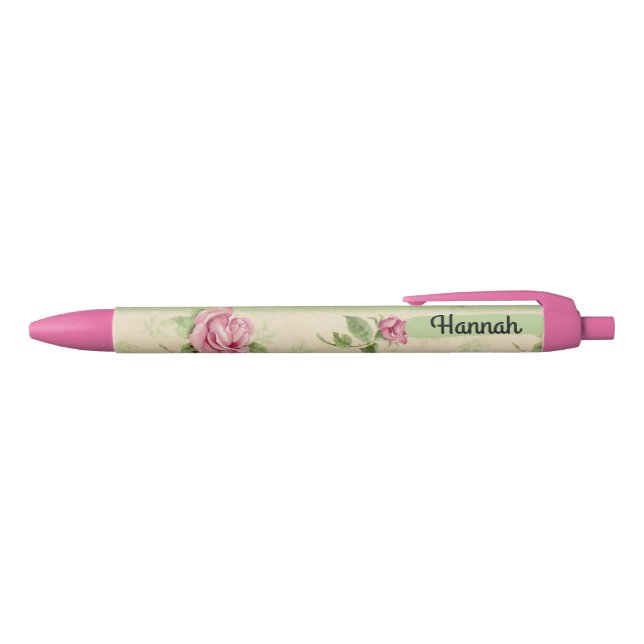 Country Striped Flowers Roses Romantic Shabby Black Ink Pen (Top)