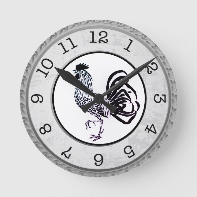 Country Style Black Rooster Round Wall Clock (Front)