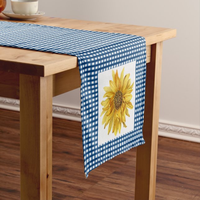 Country Style Blue Gingham Plaid with Sunflowers Short Table Runner (In Situ)