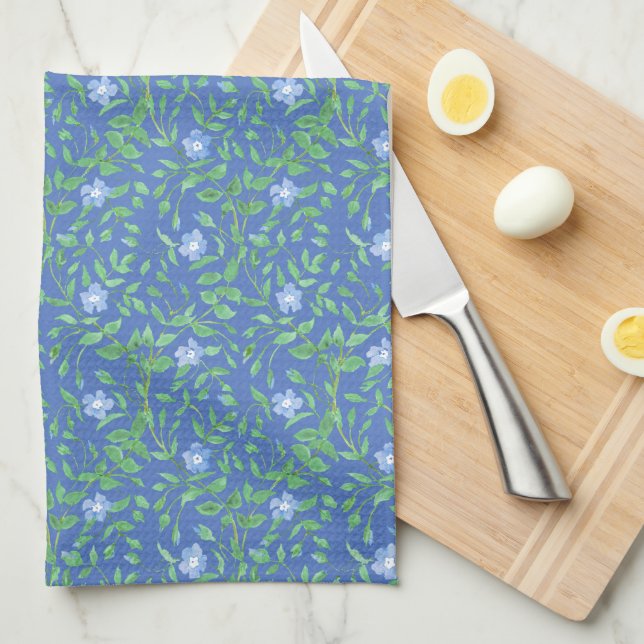 Country-style Blue Green Floral Periwinkle Pattern Kitchen Towel (Quarter Fold)