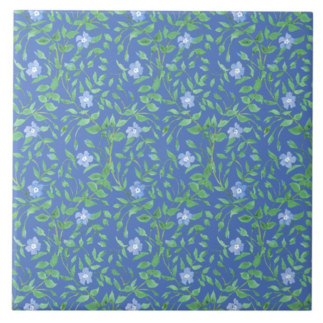 Country-style Blue Green Floral Periwinkle Pattern Tile (Front)