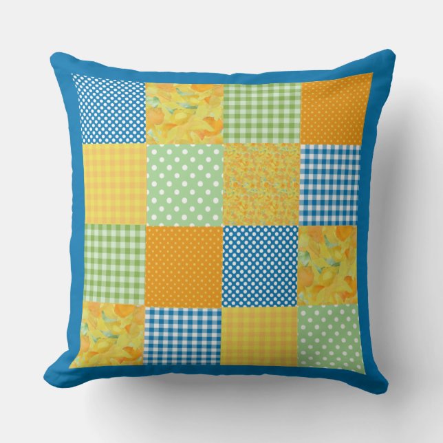 Country-style Faux-patchwork Pillow: Daffodils Throw Pillow (Front)