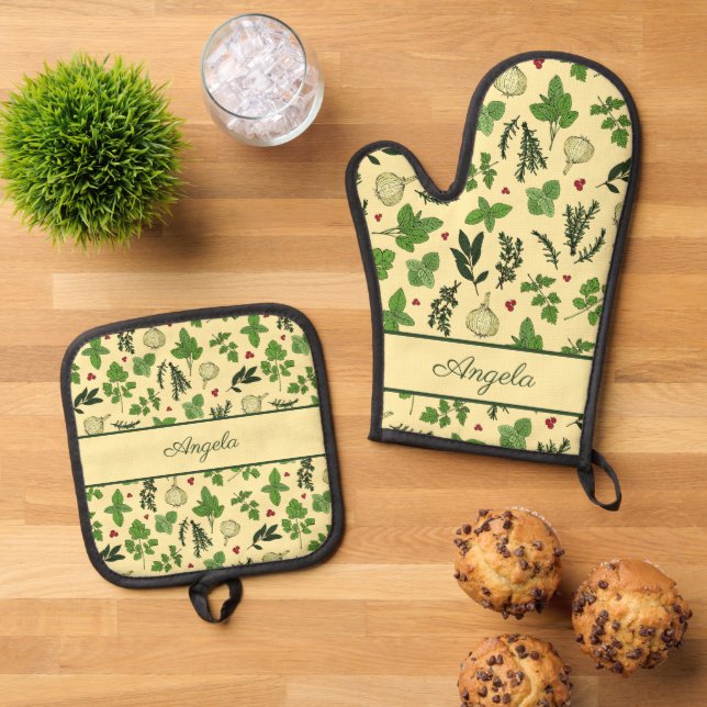 Country Style Garden Herbs Patterned Cook Oven Mitt & Pot Holder Set (Top Down)
