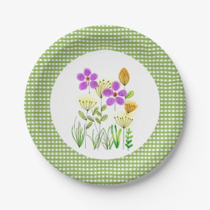 Country Style Green Gingham and Wildflowers Party Paper Plate