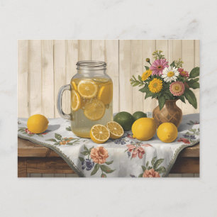 Country Style Lemonade Jar, Fresh Lemons, Flowers  Postcard