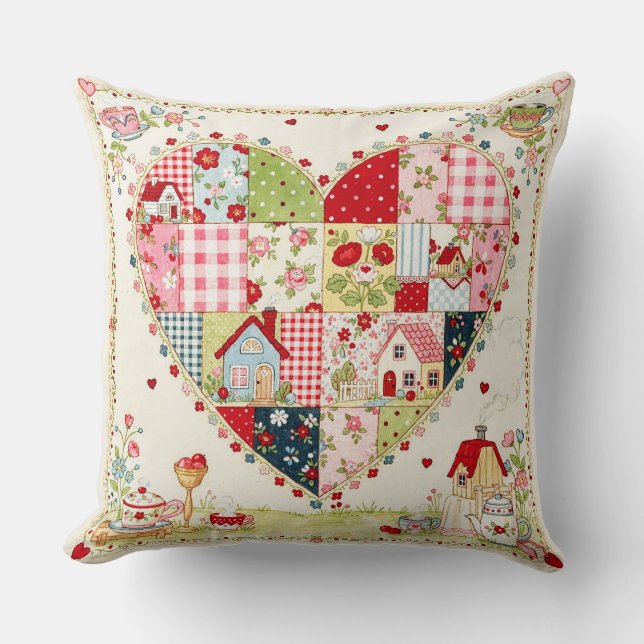 Country Style Patchwork Heart  Cushion. Throw Pillow (Front)