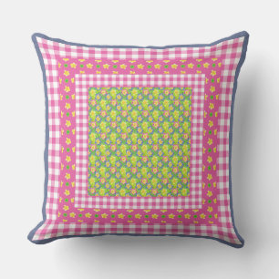 Country-style Primroses and Gingham Throw Pillow