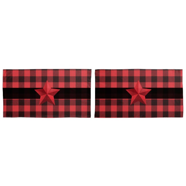 Country Style Red & Black Buffalo Plaid Red Star Pillowcase (Front-Set)