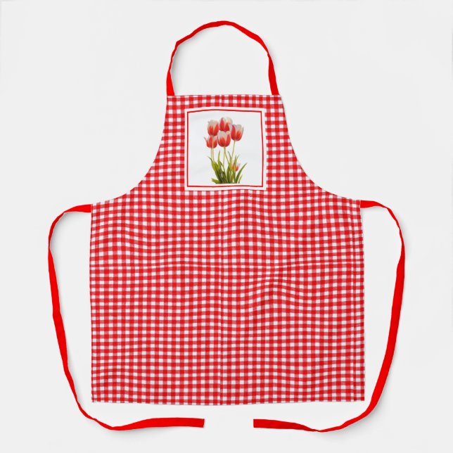 Country Style Red Gingham with Red Tulips  Apron (Front)