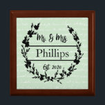 Country Style Sage Green with Wreath Wedding Gift Box<br><div class="desc">This lovely keepsake gift/jewellery box with soft sage with vintage script handwriting background and black graphic wreath is a unique accent piece for your farmhouse or country style home. Personalize it with your desired name and date for a memorable gift. Design includes copyright material of Cricut.</div>