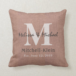 Country Style Wedding Monogram Faux Burlap Throw Pillow