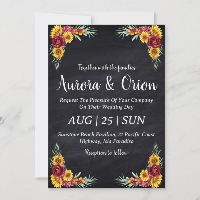 country sunflower and burgundy wedding invitations (Front)