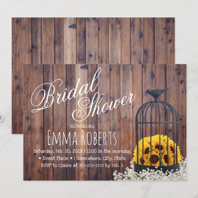 Country Sunflower & Birdcage Rustic Bridal Shower Invitation (Front/Back)