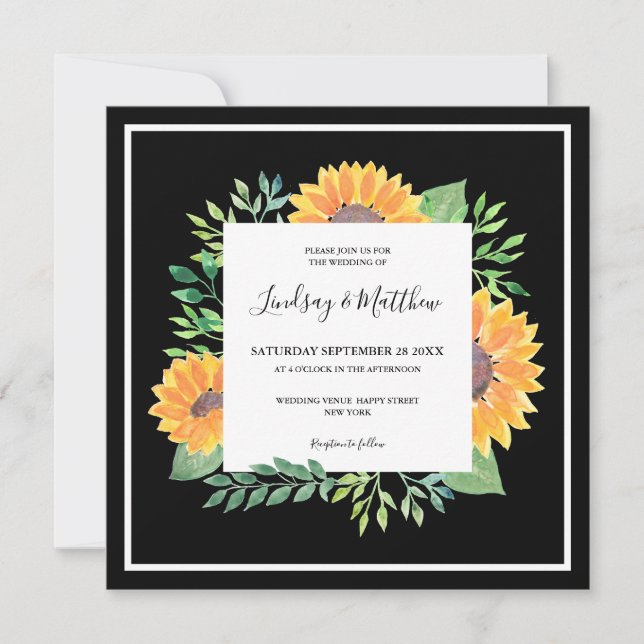 Country Sunflower Black Wedding Invitation (Front)