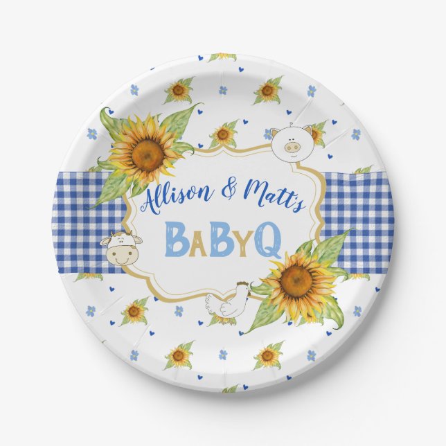 Country Sunflower Blue Gingham Baby Q Barbeque Paper Plate (Front)
